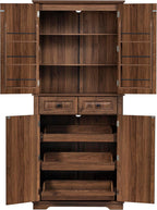 Ball & Cast 71" Farmhouse Kitchen Pantry Cabinet with 3 Pull-Out Organizers, Tall Storage Cabinet with 4 Doors, 2 Drawers, 6 Door Shelves & Adjustable Shelves, Freestanding Cupboard, Rustic Brown