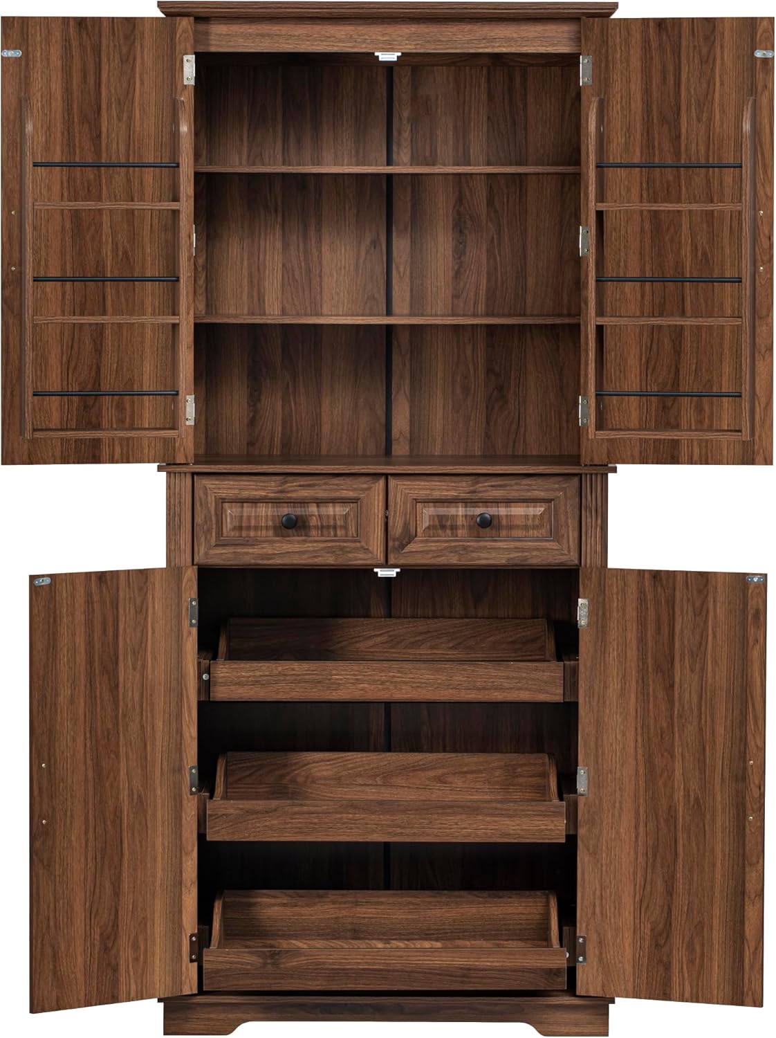 Ball & Cast 71" Farmhouse Kitchen Pantry Cabinet with 3 Pull-Out Organizers, Tall Storage Cabinet with 4 Doors, 2 Drawers, 6 Door Shelves & Adjustable Shelves, Freestanding Cupboard, Rustic Brown