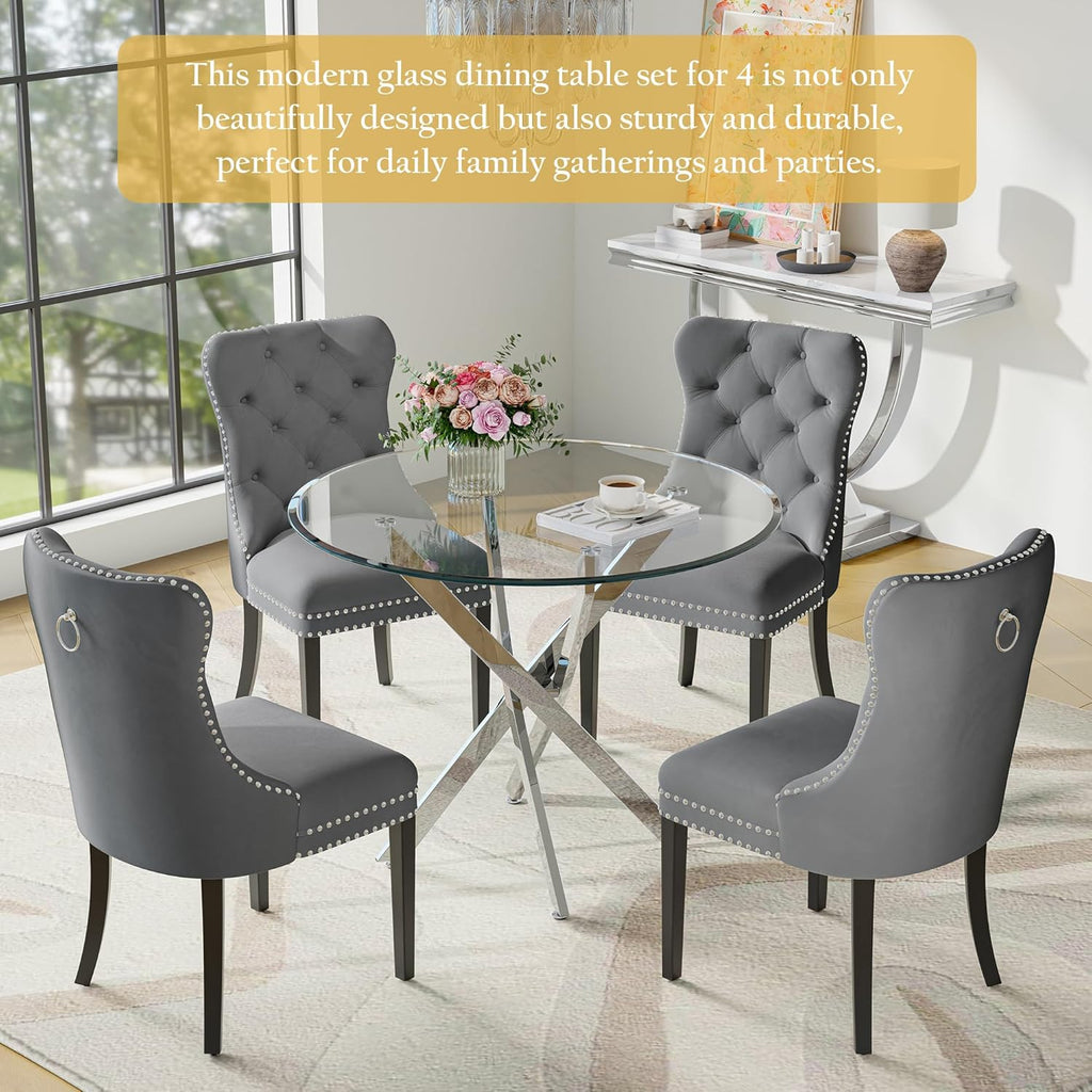 Round Glass Dining Table Set for 4, Modern 36 Inch Glass Kitchen Table with Silver Stainless Steel Legs and 4 Grey Velvet Chairs, for Dining Room, Apartment, Small Space