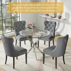 Round Glass Dining Table Set for 4, Modern 36 Inch Glass Kitchen Table with Silver Stainless Steel Legs and 4 Grey Velvet Chairs, for Dining Room, Apartment, Small Space