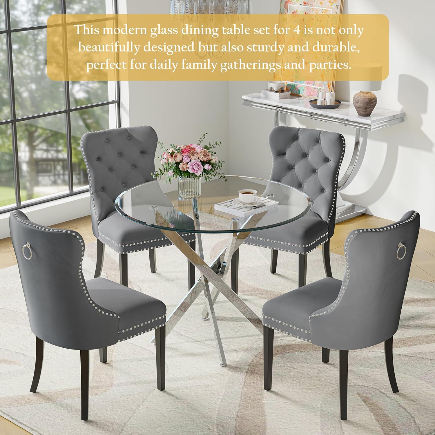 Round Glass Dining Table Set for 4, Modern 36 Inch Glass Kitchen Table with Silver Stainless Steel Legs and 4 Grey Velvet Chairs, for Dining Room, Apartment, Small Space
