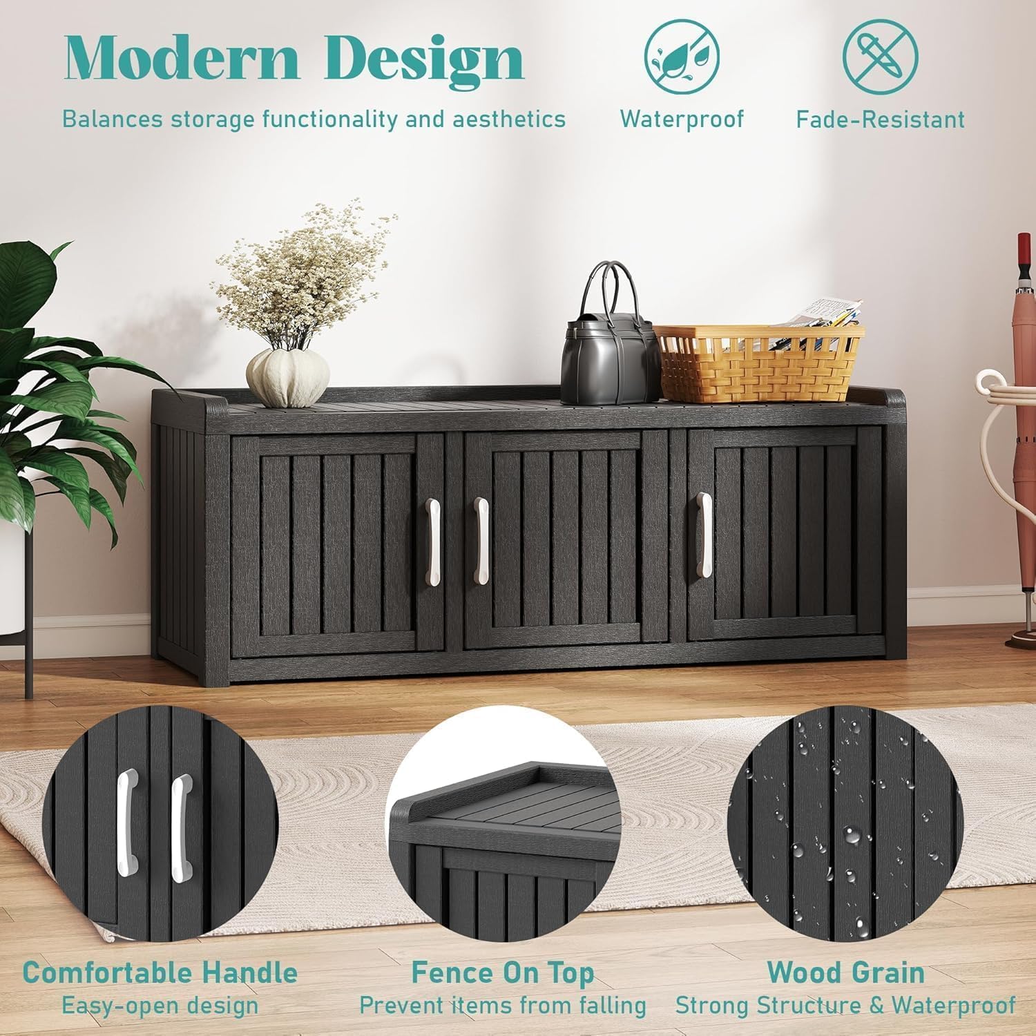 Outdoor Shoe Bench, Waterproof UV-Resistant Indoor Resin Shoe Cabinet, Entryway Shoe Storage with 3 Doors, Living Room, Bedroom, Black (3 Door)