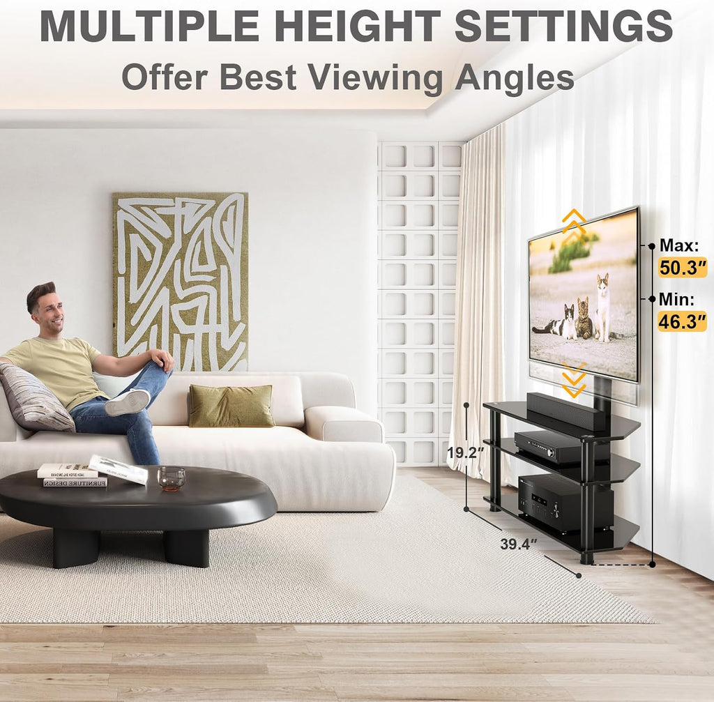TAVR Furniture Swivel Floor TV Stand for 32-70 Inch TVs - Universal Height Adjustable TV Floor Stand with Shelves Perfect for Bedroom and Corner, TV Mount Stand VESA 600x400mm Holds up to 88lbs, Black