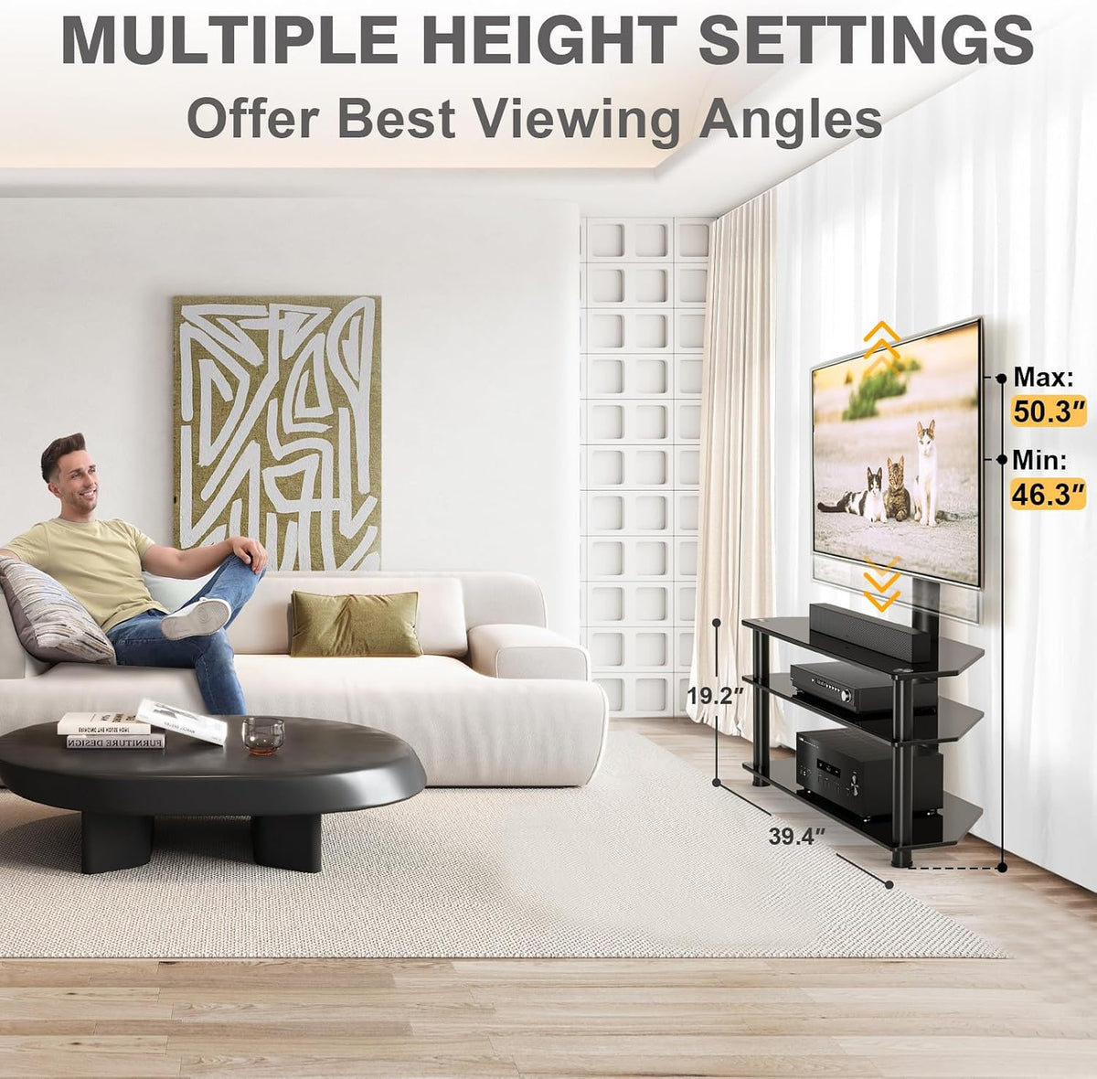 TAVR Furniture Swivel Floor TV Stand for 32-70 Inch TVs - Universal Height Adjustable TV Floor Stand with Shelves Perfect for Bedroom and Corner, TV Mount Stand VESA 600x400mm Holds up to 88lbs, Black