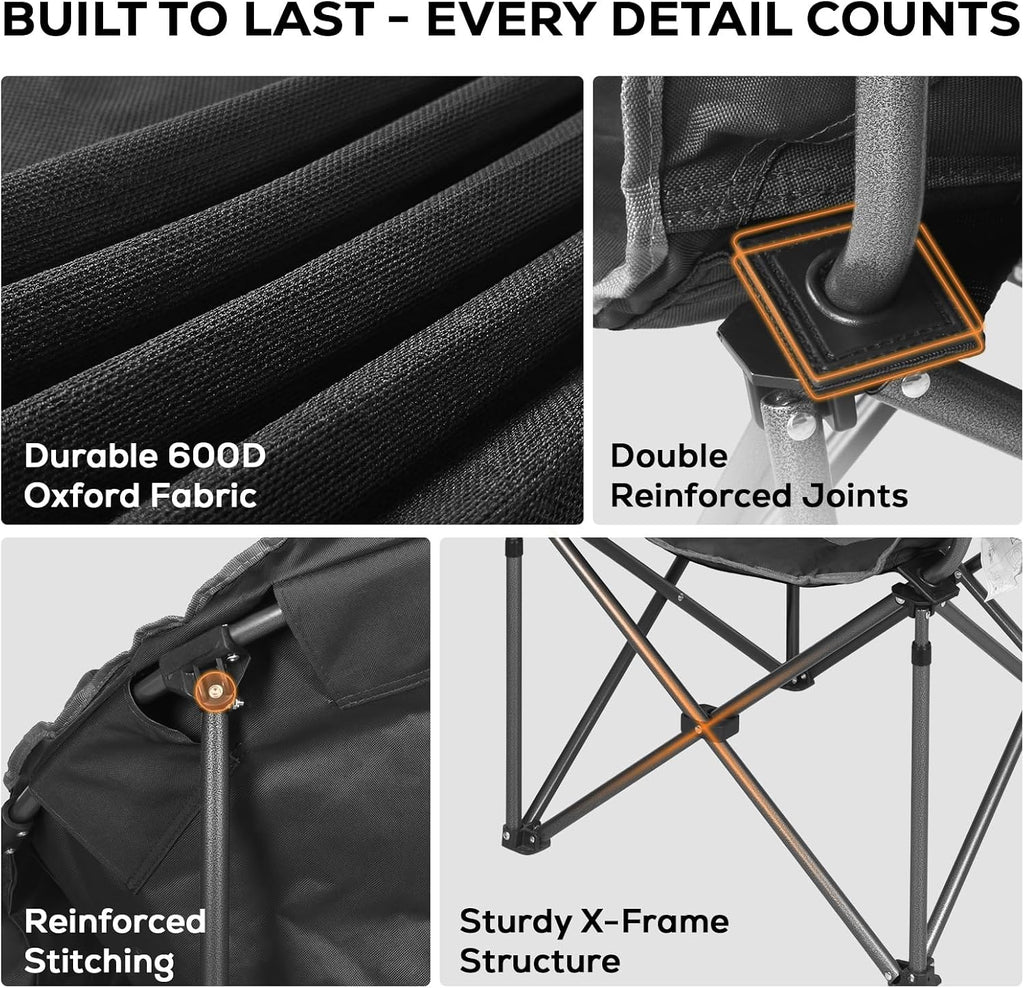 Romswi 2Pcs Oversized XL Padded Camping Chair for Adults, 500lbs Support Heavy-Duty Padded Folding Chair with Side Pocket Cup Holder, Wide&Thick, for Outdoor,Black