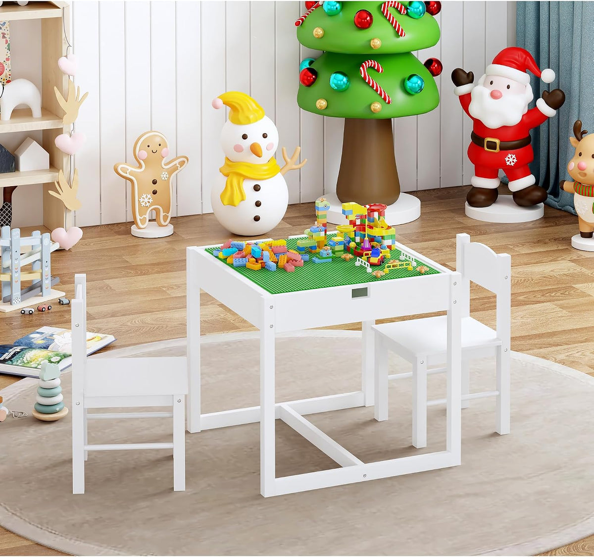4NM 3 in 1 Kids Table Set, Children Tables and Chairs, Toddler Play Activity Table with Hidden Storage Wood Building Block Desk for Ages 3-7 - White Green