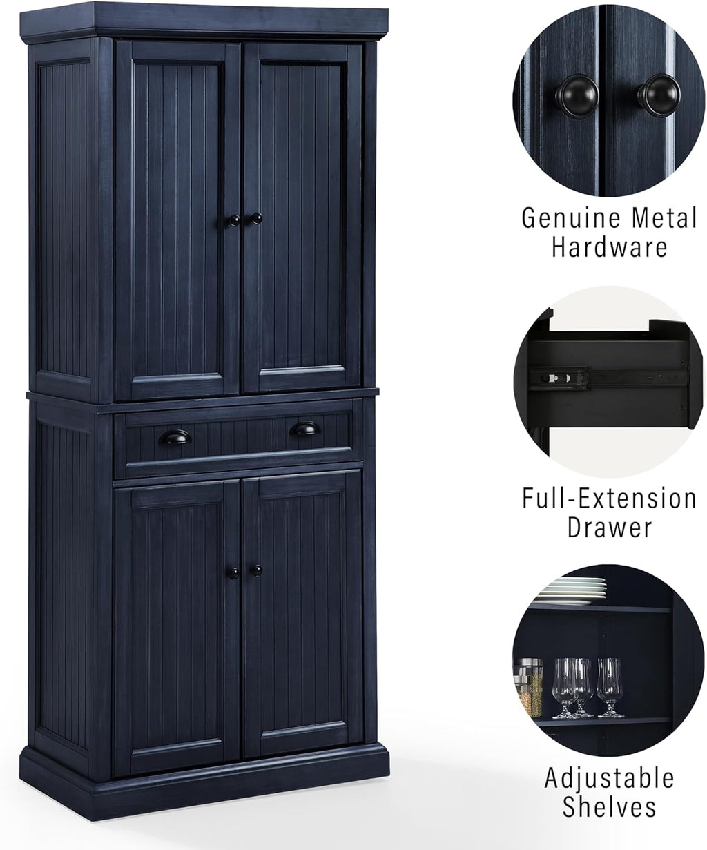 Crosley Furniture Seaside Coastal Pantry Storage Cabinet with Shelves, Kitchen, Dining, or Laundry Room, Distressed Navy