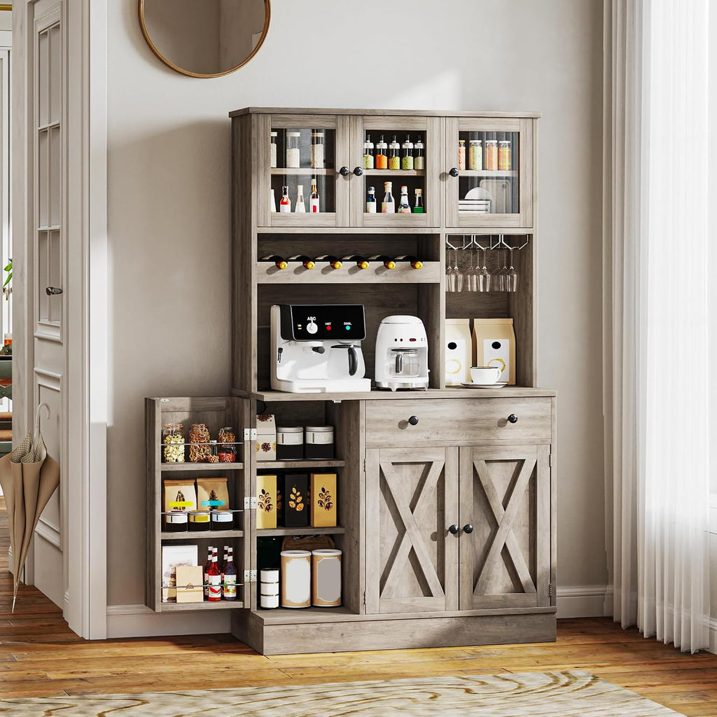 YITAHOME 71''H Kitchen Pantry Cabinet, Grey | Tall Cabinet with Drawer, Doors & Goblet Holder, Wine Rack, Power Outlet, For Kitchen & Living Room