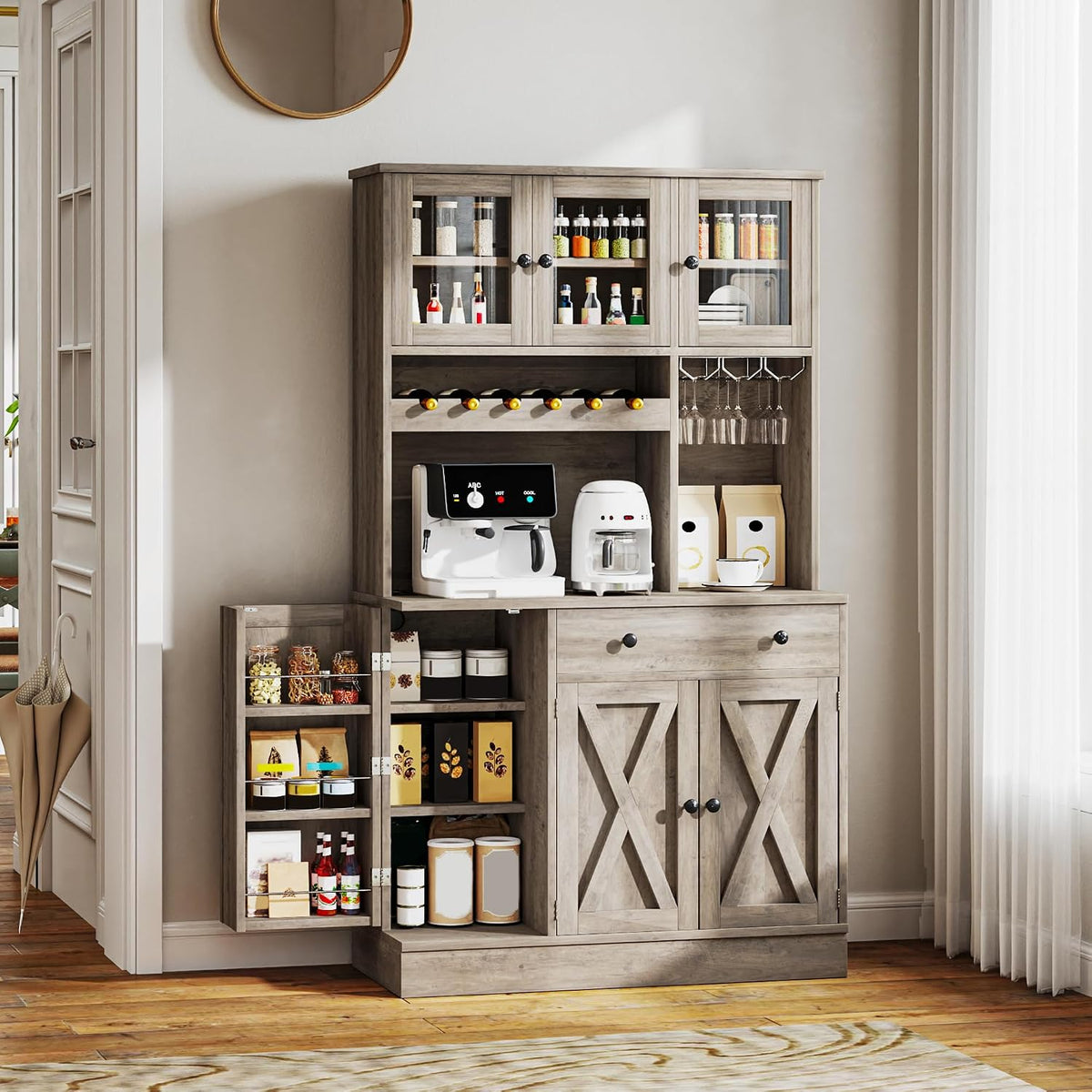 YITAHOME 71''H Kitchen Pantry Cabinet, Grey | Tall Cabinet with Drawer, Doors & Goblet Holder, Wine Rack, Power Outlet, For Kitchen & Living Room