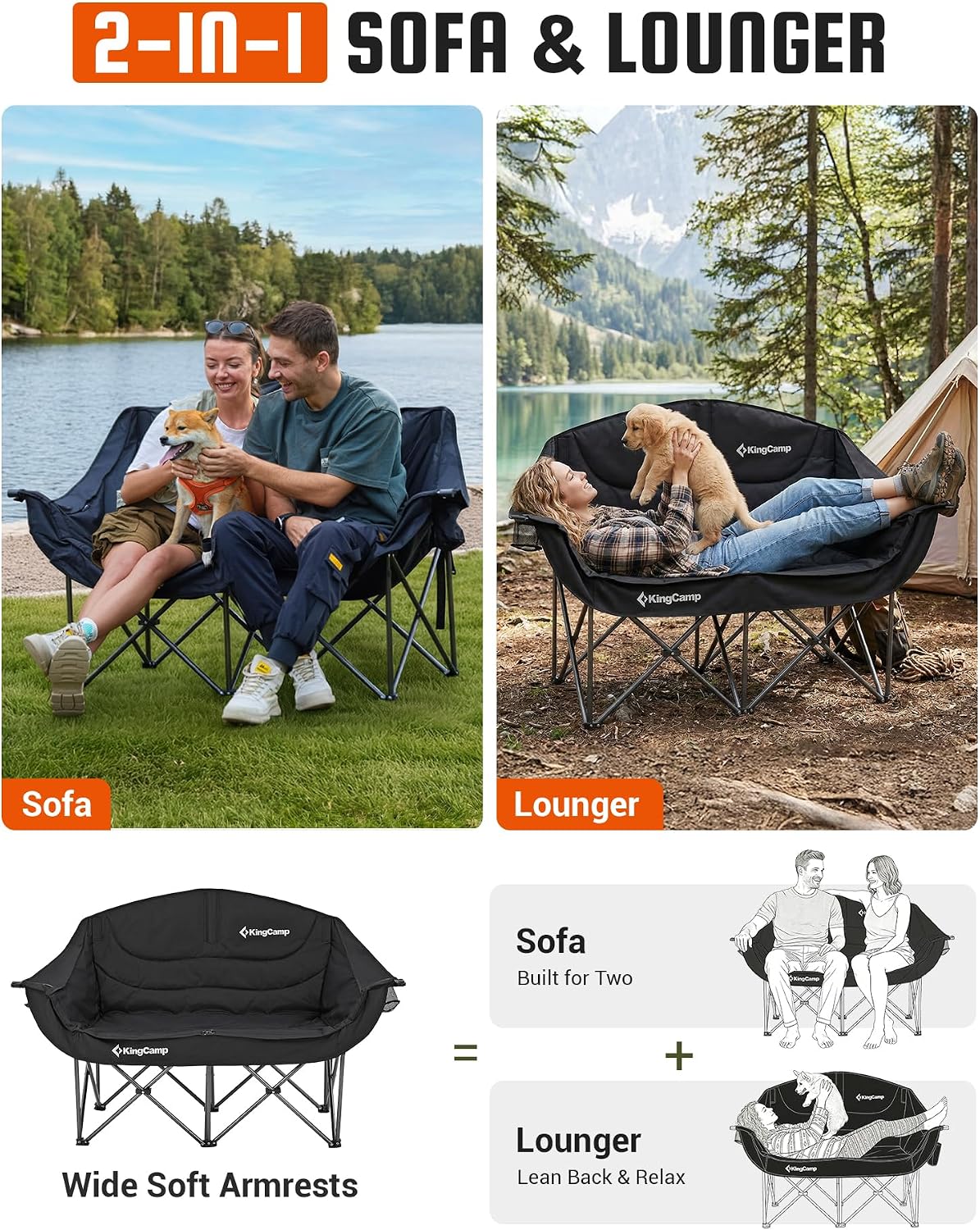 KingCamp Double Camping Chair, Heavy Duty 660lbs Folding 2 Person Chair | Portable Loveseat Couch Padded Comfortable Two Seat with Cup Holder&Carry Bag for Outdoor Lawn Backyard, Black