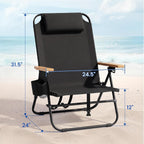 Cansky Portable Beach Chair for Adults, Outdoor Lightweight Camping Chair with Wooden Desgin Armrests, 5-Position Reclining Flat Lay, Cup Holder, Zipper Pouch, Backpack Design, No Towel Rack, Black
