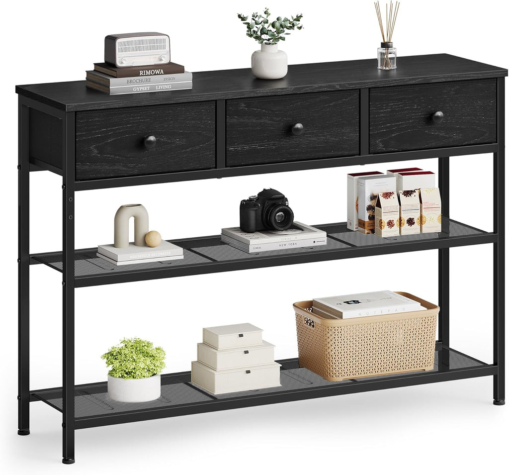 SONGMICS Console Table, Narrow Sofa Table with 2 Mesh Shelves for Entryway, Living Room, 11.8 x 38.9 x 31 Inches, 3 Fabric Drawers, Ebony Black, BELLAH Collection ULGS098B201