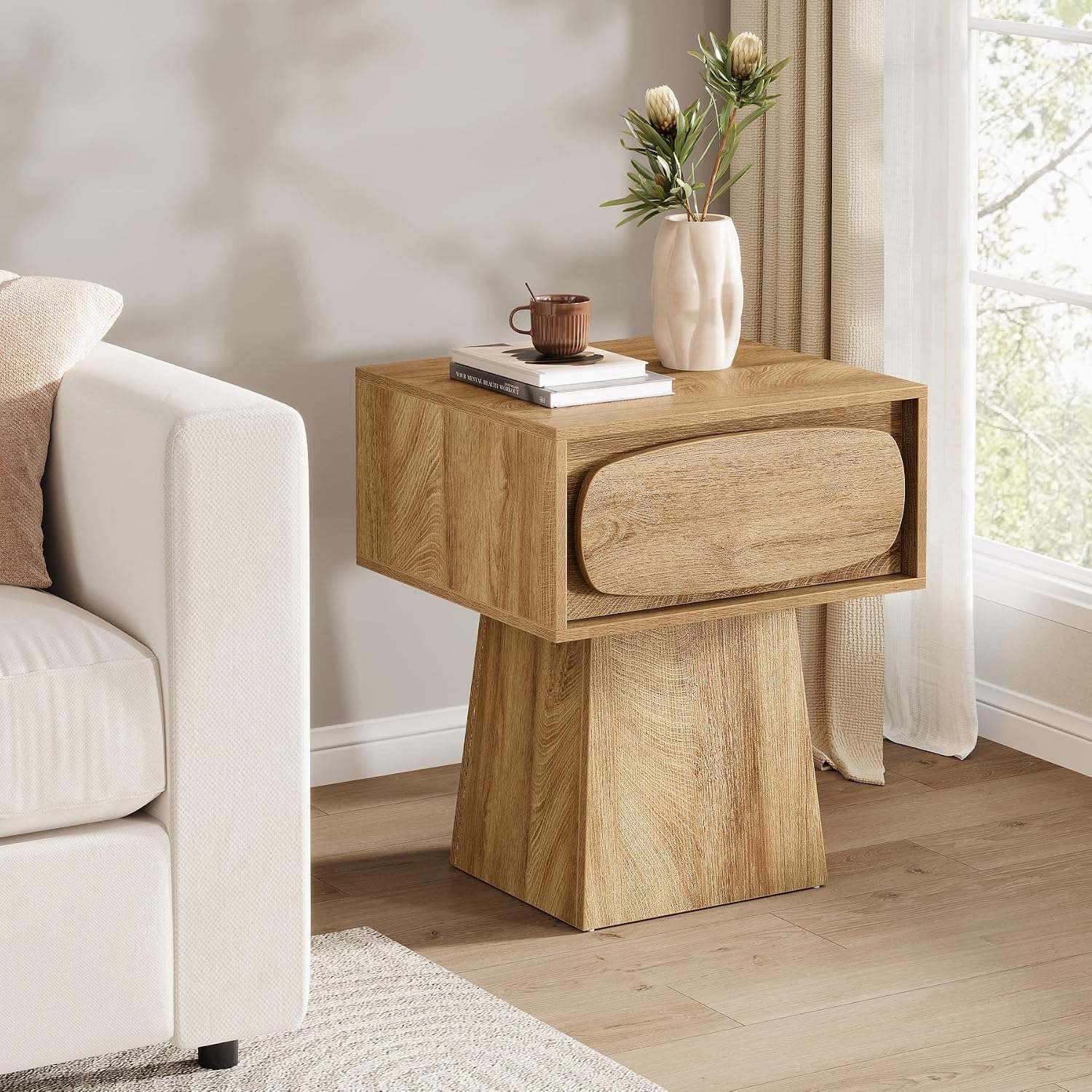 Tribesigns End Table with Storage Drawer, Modern Wooden Side Table with Curved Handle, Small Nightstand for Living Room, Bedroom, Small Spaces (Natural Wood Color)