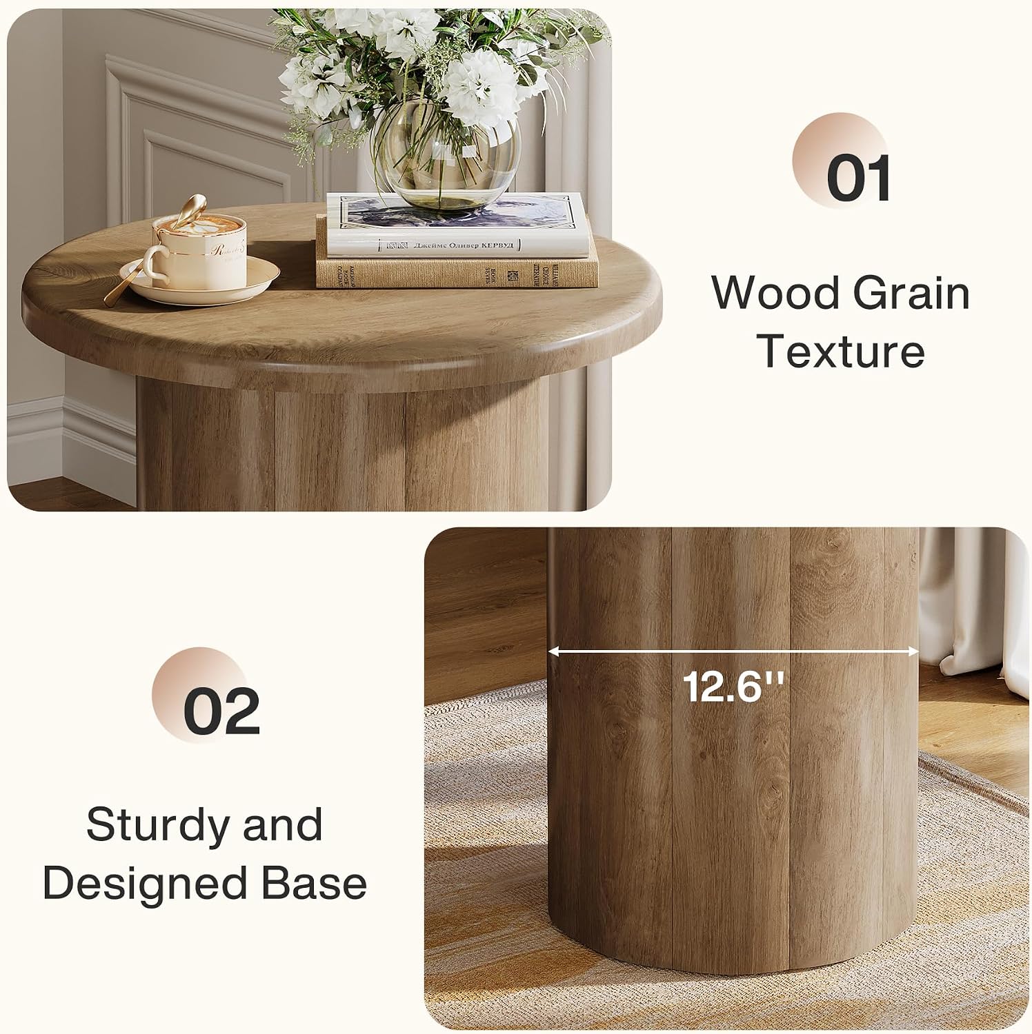 Tribesigns Round Side Table for Living Room, Farmhouse Small End Table with Fluted Base, 20-Inch Rustic Brown Nightstand, Accent Furniture for Small Space Bedroom Apartment