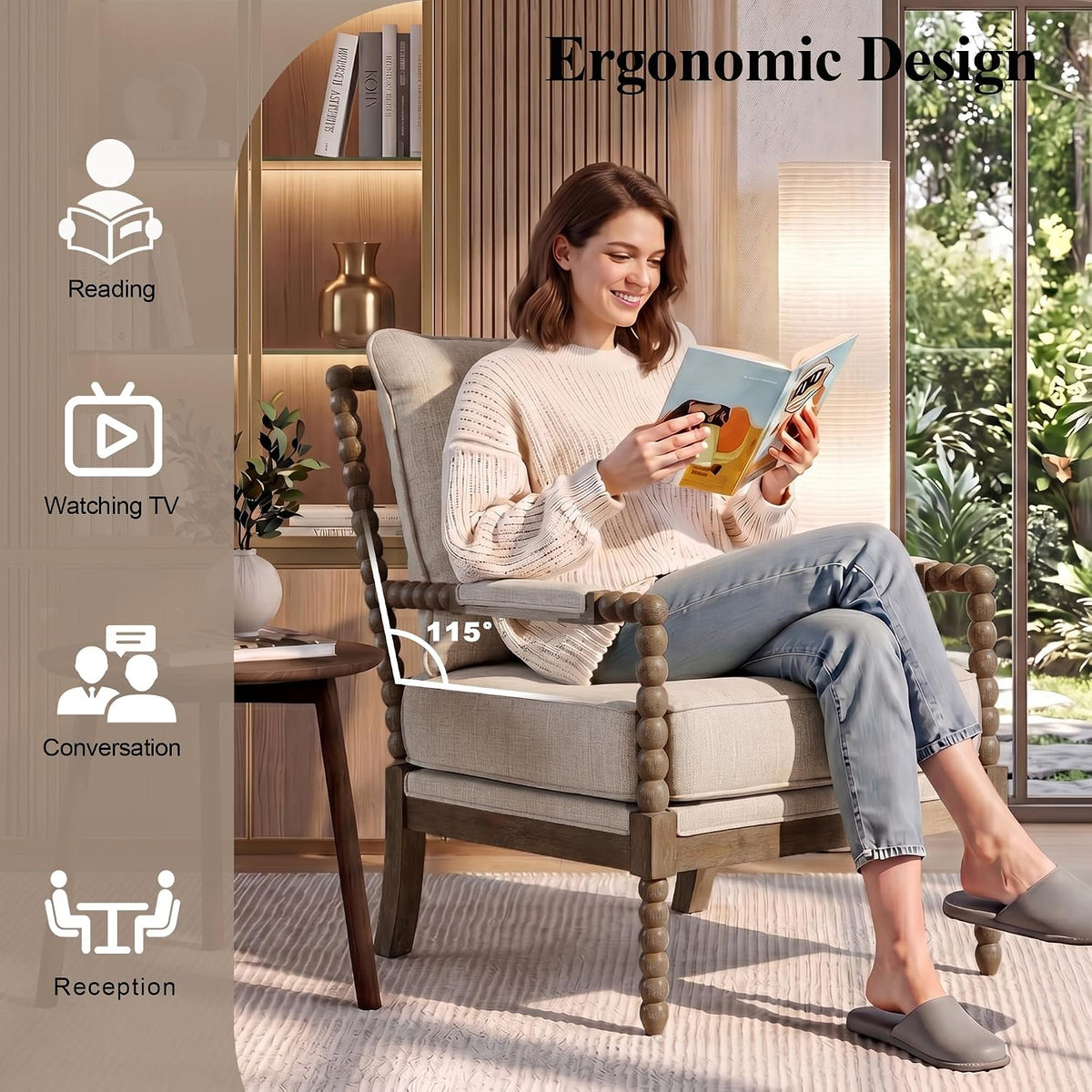DUHOME Linen Fabric Spindle Accent Chair with Wood Frame,Modern Accent Chairs with Padded Spring Seat and Brushed White Base for Living Room Bedroom Farmhouse Home Office Belcony