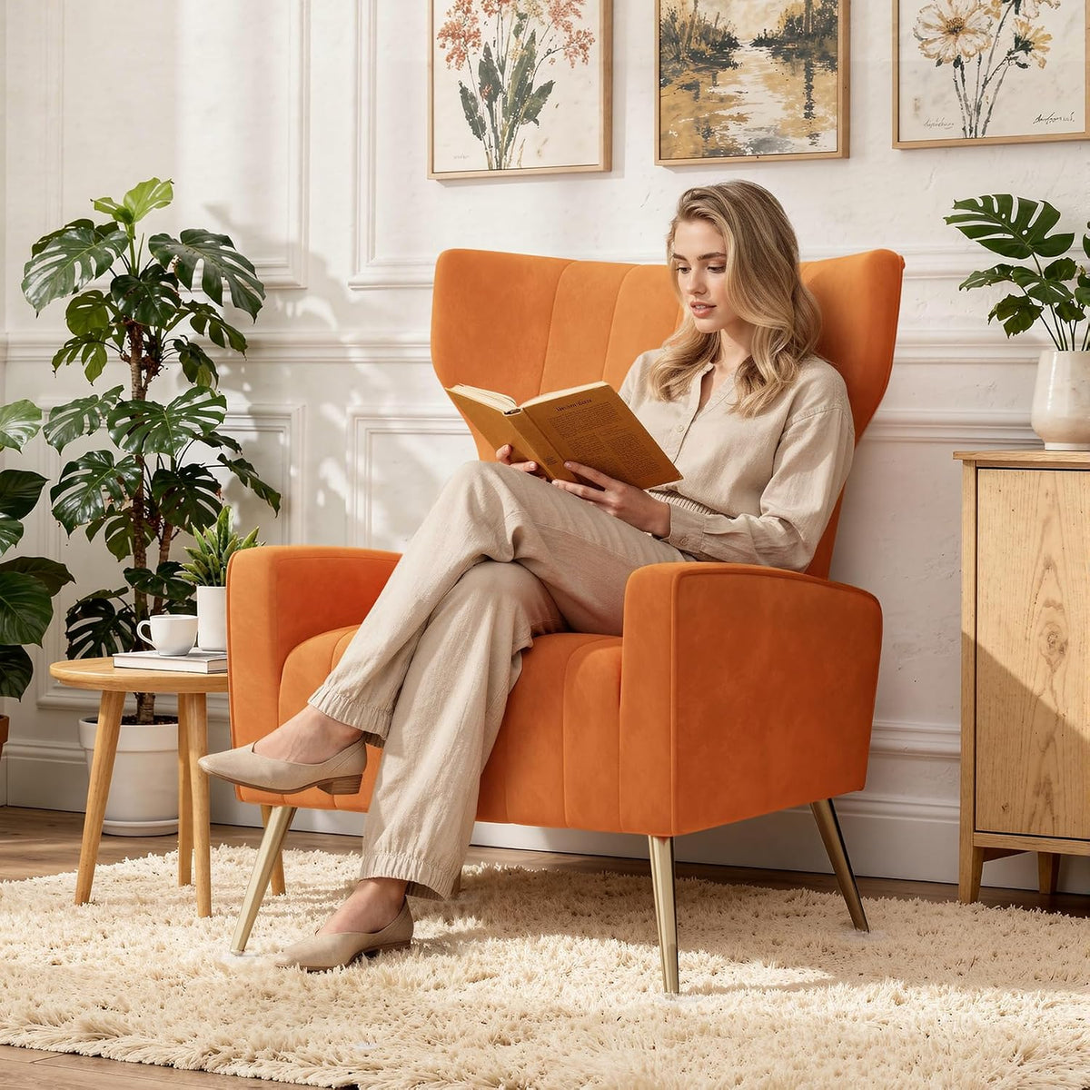 Luxanimarion Velvet Accent Chair Wingback for Living Room, High Back Arm Chair with Golden Legs Lumbar Pillow, Upholstered Single Sofa Bedroom Orange