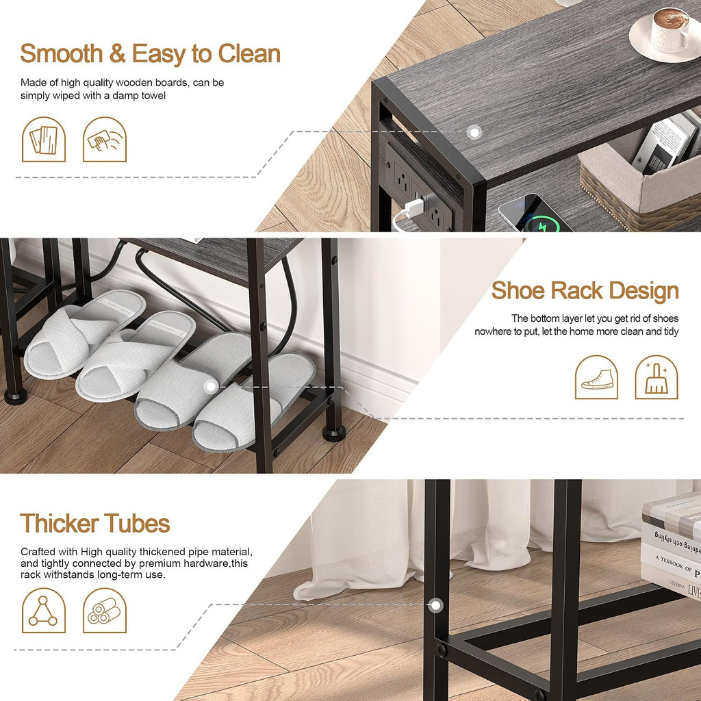 Small Narrow Side Table with Charging Station, Skinny End Table for Small Spaces, Slim Nightstand with Outlets, Sofa Bedside Table in Living Room, Bedroom, Study, Kitchen and Balcony(Grey)