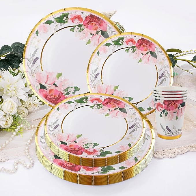 280 Pcs Thanksgiving Floral Paper Plates And Napkins Party Supplies - Bridal Shower Floral Plates,Flower Cups, Forks, Knives And Spoons, Napkins, Straws For Birthdays, Parties And Tea Parties