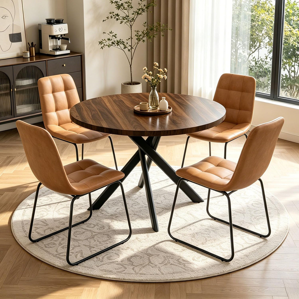 44" Round Dining Table Set for 4, Modern X-Shaped Metal Leg Table | Cushioned Cozy Brown Chairs of 4, Mid-Century Walnut Tabletop, Dinette set for Kitchen, Dining Room & Apartments