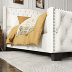 King Size Bed Frame with Tall 51.2" Wingback Headboard, Luxury Platform Bed with Velvet Upholstered Footboard, Deep Button Tufted, Nailhead Trim, No Box Spring Needed, Easy Assembly, Cream