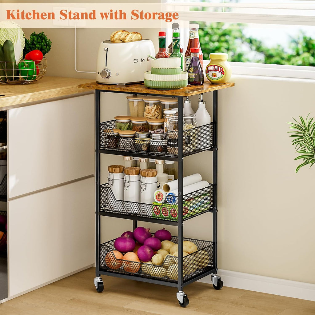 ThreeHio Rolling Kitchen Microwave Cart with Fruit Baskets, 4 Tier Microwave Table Stand with Storage, Kitchen Storge Shelf on Wheels Small Rolling Cart Organizer Rack for Pantry, Living Room