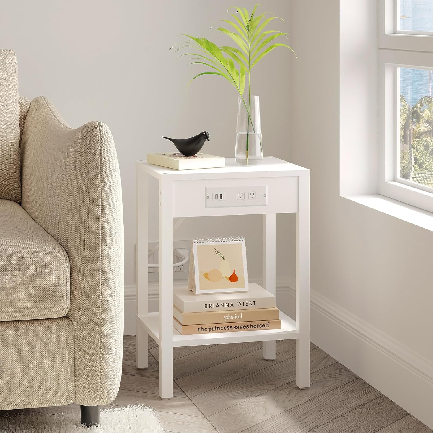 MMEOLUOOK End Table with Charging Station, Sofa Side Table Set of 2, 2-Tier Storage Shelf for Small Space, Nightstands for Living Room Bedroom Bedside Tables White MLBZ14WE-2