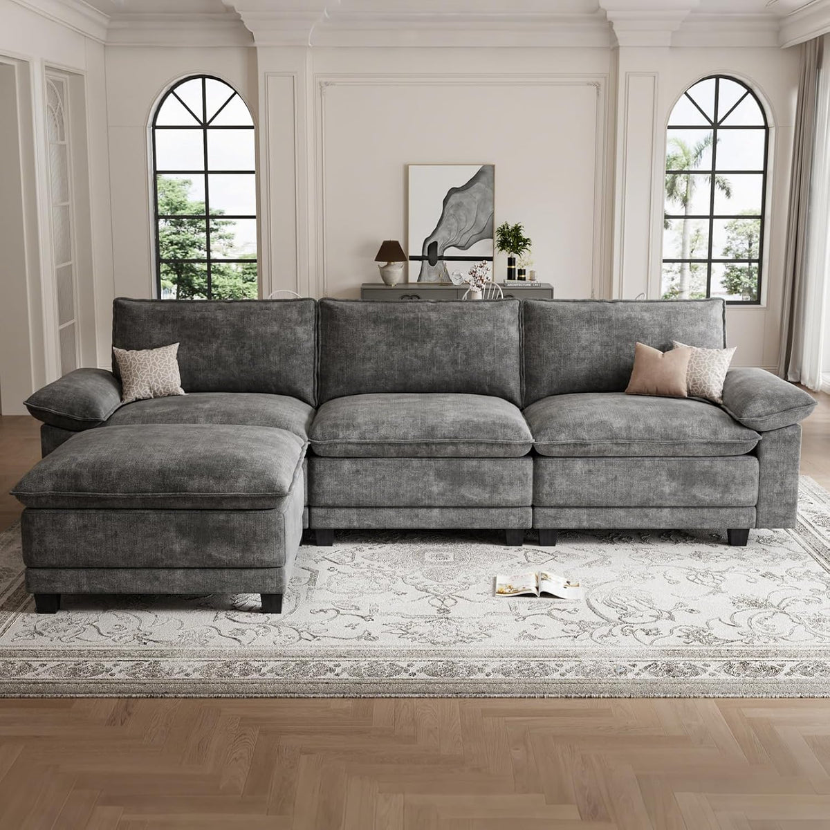 108" Modular Sectional Couch, L Shaped Cloud Sofa for Living Room | Comfortable Foam Cushions, Sturdy Frame, Appealing Appearance, Easy Assembly, Soft Chenille, Modular Design, Dark Gray