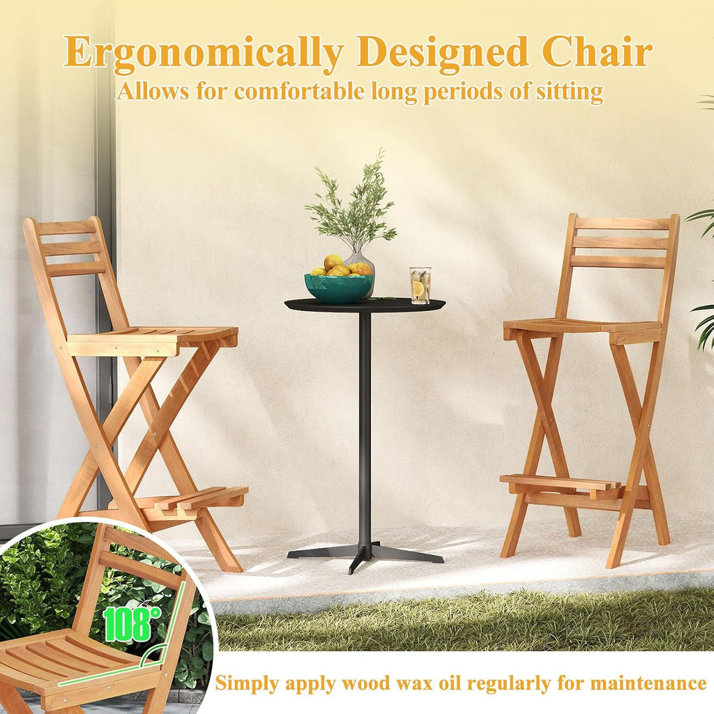 COSTWAY Outdoor Folding Bar Stool, Acacia Wood High Top Chairs with Slatted Backrest, Safety Lock, Space-Saving Patio Barstools for Backyard, Poolside, Garden, Balcony
