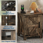 Takywep 18 Inch Nightstand with Charging Station, Farmhouse Wooden Bedside Table with Barn Door and Adjustable Shelf, 2-Tier End Table for Bedroom Living Room, Dark Brown