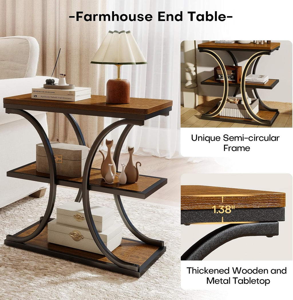 BECHAEO 24" End Tables Living Room, Industrial 3-Tier Small Side Table with Storage Shelves, Wood Sofa Table with Geometric Metal Frame, Multi-Functional Nightstand for Bedroom