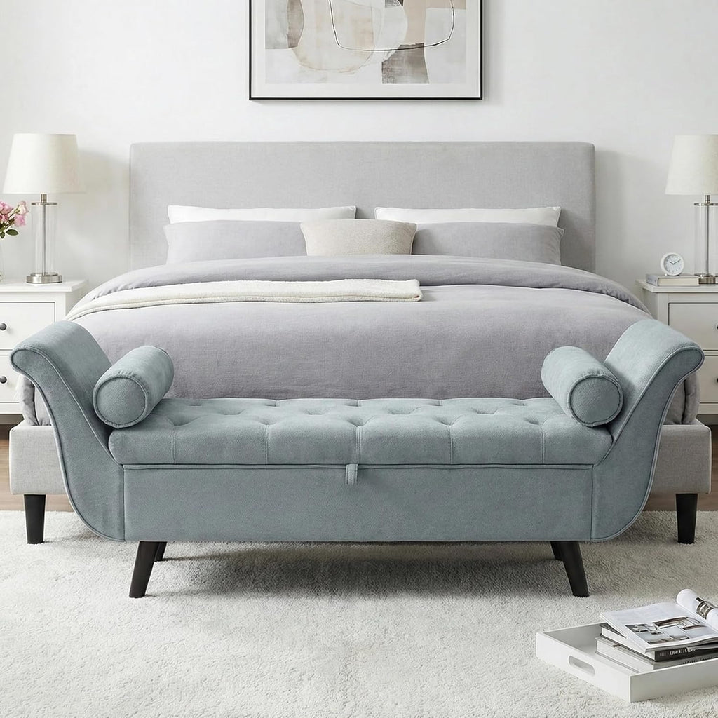 Velvet Storage Bench for Bedroom End of Bed Ottoman, Button-Tufted Upholstered Bed Benches for Bedrooms King with Rolled Arms and 4 Sturdy Wood Legs, Footstool for Bedroom (Slate Gray)