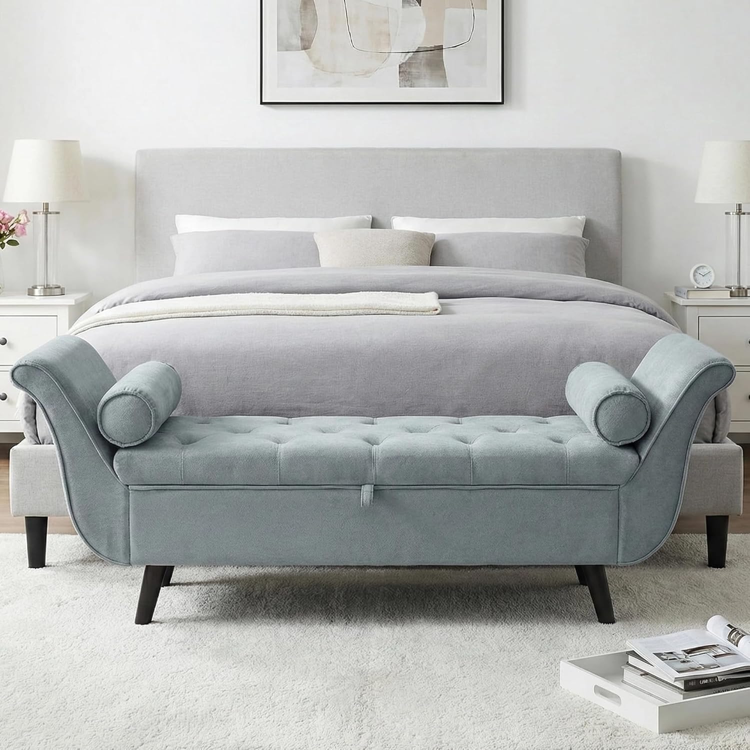 Velvet Storage Bench for Bedroom End of Bed Ottoman, Button-Tufted Upholstered Bed Benches for Bedrooms King with Rolled Arms and 4 Sturdy Wood Legs, Footstool for Bedroom (Slate Gray)