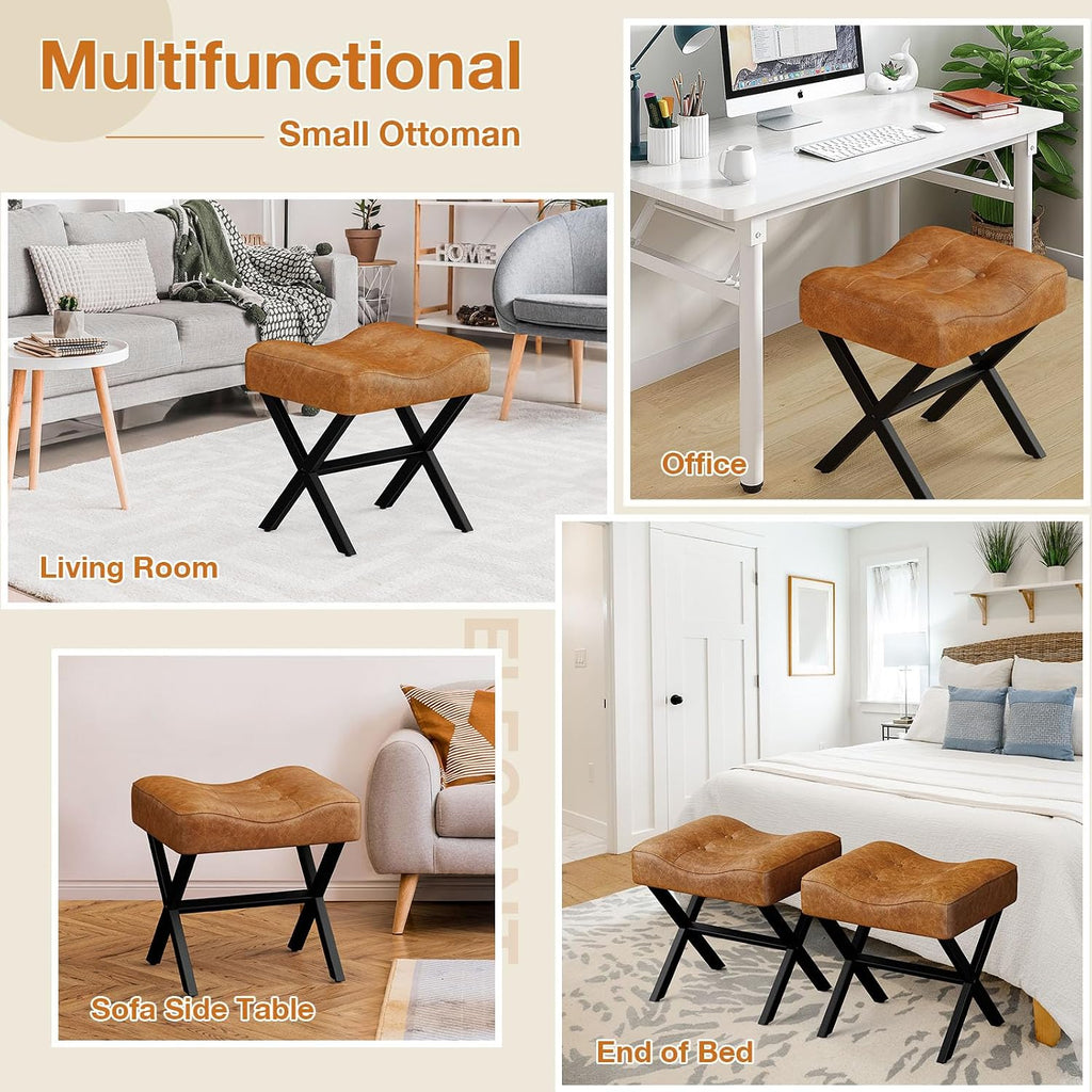 Memobarco 18-Inch Large Leather Vanity Stool, Vanity Chair with Metal X-Leg, Ottoman Accent Stool with Thick Padded Saddle Seat, Brown