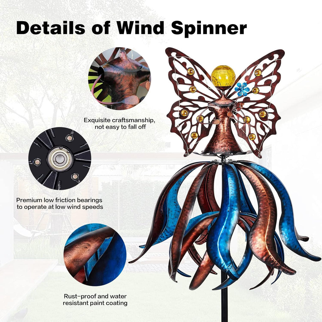 Kircust Solar Wind Spinner, Extra-Large Tulip Garden Windmill Spinners with LED Lighting Solar Powered Glass Ball, Kinetic Metal Sculpture for Outdoor Yard Lawn Patio Decorations