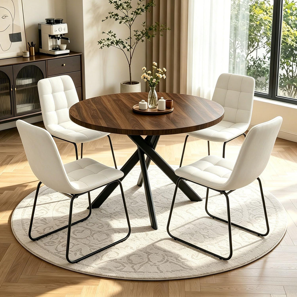 44" Round Dining Table Set for 4, Modern X-Shaped Metal Leg Table | Cushioned Cozy Beige Chairs of 4, Mid-Century Walnut Tabletop, Dinette set for Kitchen, Dining Room & Apartments