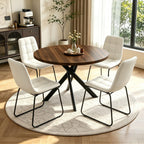 44" Round Dining Table Set for 4, Modern X-Shaped Metal Leg Table | Cushioned Cozy Beige Chairs of 4, Mid-Century Walnut Tabletop, Dinette set for Kitchen, Dining Room & Apartments