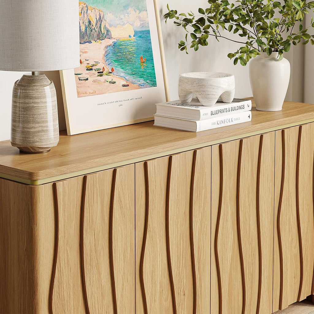Vabches Fluted Buffet Cabinet with Storage, 3D Ripple Pattern Doors and Curved Edges, Modern Sideboard for Kitchen, Entryway, 4 Doors & Adjustable Shelf, Natural, 57.9" W