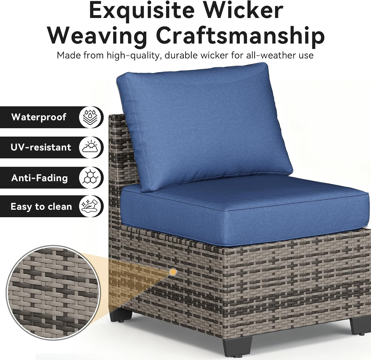 Aoxun 10-Piece Sectional Sofa with 44" Fire Pit, 4" Thicken Cushion, Widen Armrests Wicker for Backyard with Coffee Table, Blue