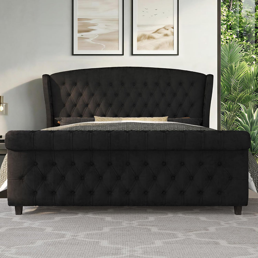 LUXOAK King Size Upholstered Sleigh Bed Frame with Tufted Headboard