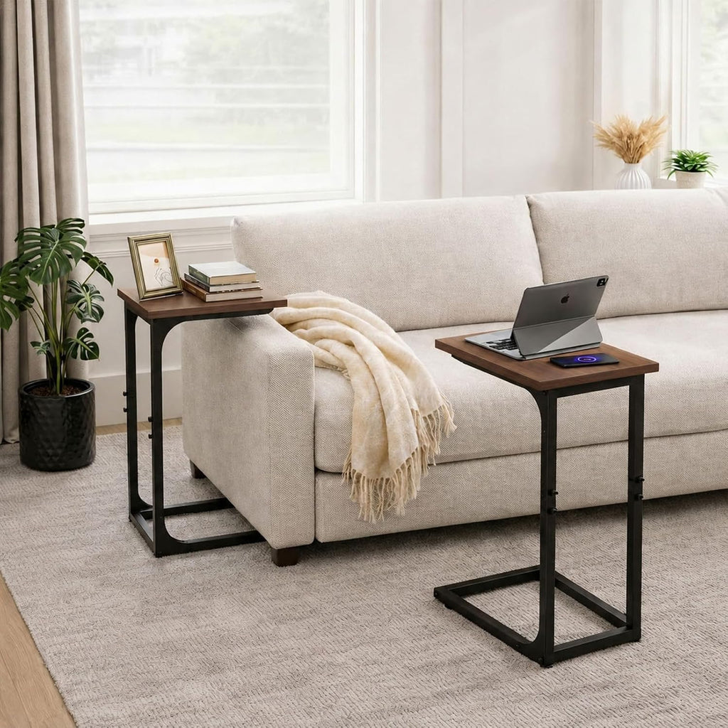 TEMI C Shaped End Table for Couch - Small Side Table and TV Tray for Eating or Laptop, Accent Desk for Chair or Sofa, Easy Assembly, Space-Saving Design for Living Room or Bedroom,Rustic Walnut