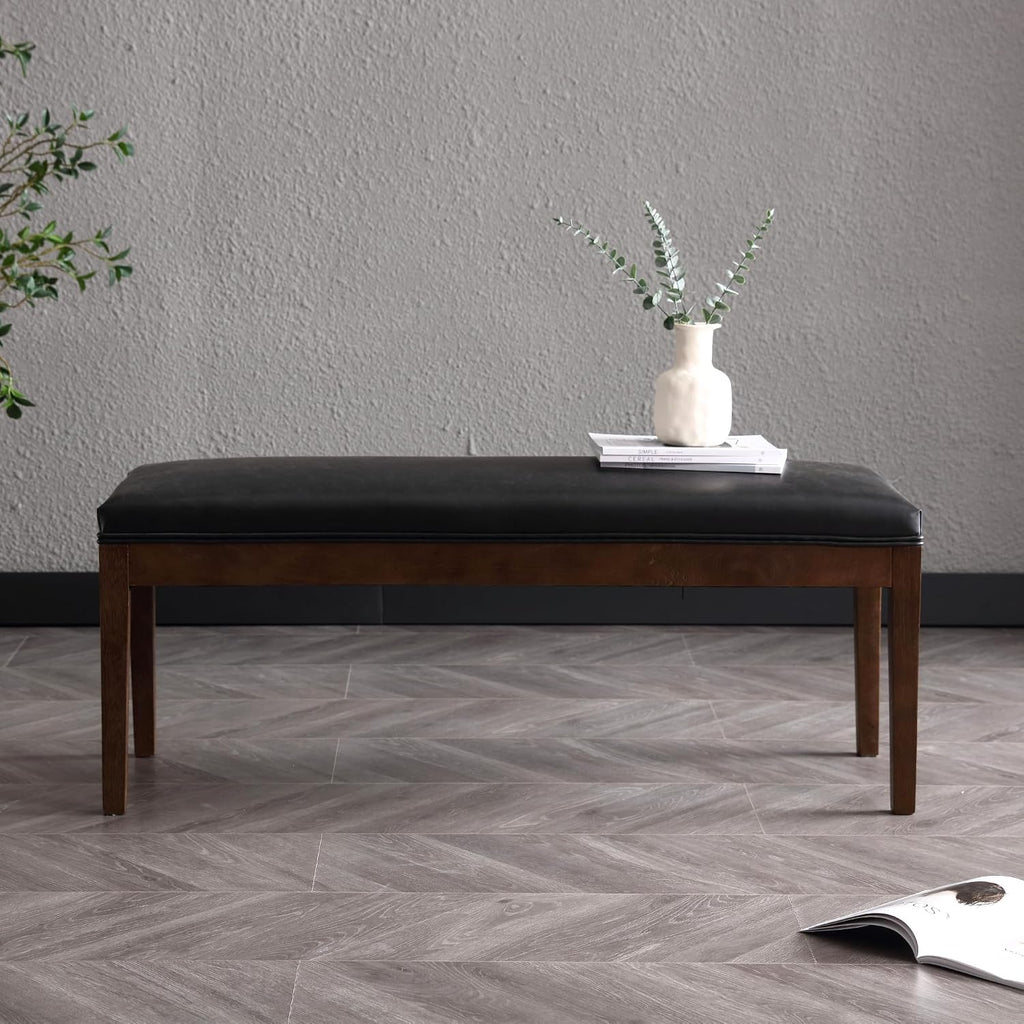 PU Leather Entryway Bench Farmhouse Dining Benches Upholstered Bedroom Bench Shoe Bench Seat for Hallway Living Room Bedroom End of Bed, 16" D x 45.5" W x 18.75" H, Black