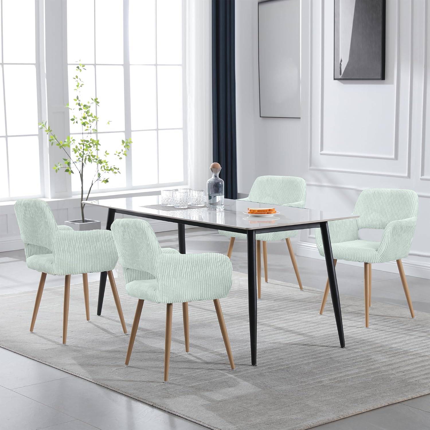 KCC Small Modern Dining Room Arm Chairs for Kitchen 1 PC,Blue | Mid-Century Upholstered Corduroy Fabric Side Seat Club Guest with Metal Tube Legs