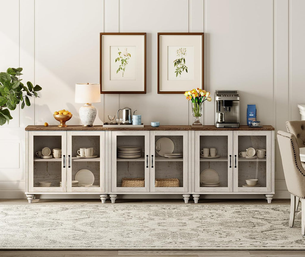 WAMAPT 101" Farmhouse Sideboard Credenza with 6 Glass Doors, Large Coffee Bar Table with Adjustable Shelf, Wood Kitchen Storage Cabinets, Modern Buffet Cabinet for Dining Room, Rustic White