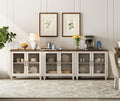 WAMAPT 101" Farmhouse Sideboard Credenza with 6 Glass Doors, Large Coffee Bar Table with Adjustable Shelf, Wood Kitchen Storage Cabinets, Modern Buffet Cabinet for Dining Room, Rustic White