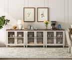 WAMAPT 101" Farmhouse Sideboard Credenza with 6 Glass Doors, Large Coffee Bar Table with Adjustable Shelf, Wood Kitchen Storage Cabinets, Modern Buffet Cabinet for Dining Room, Rustic White