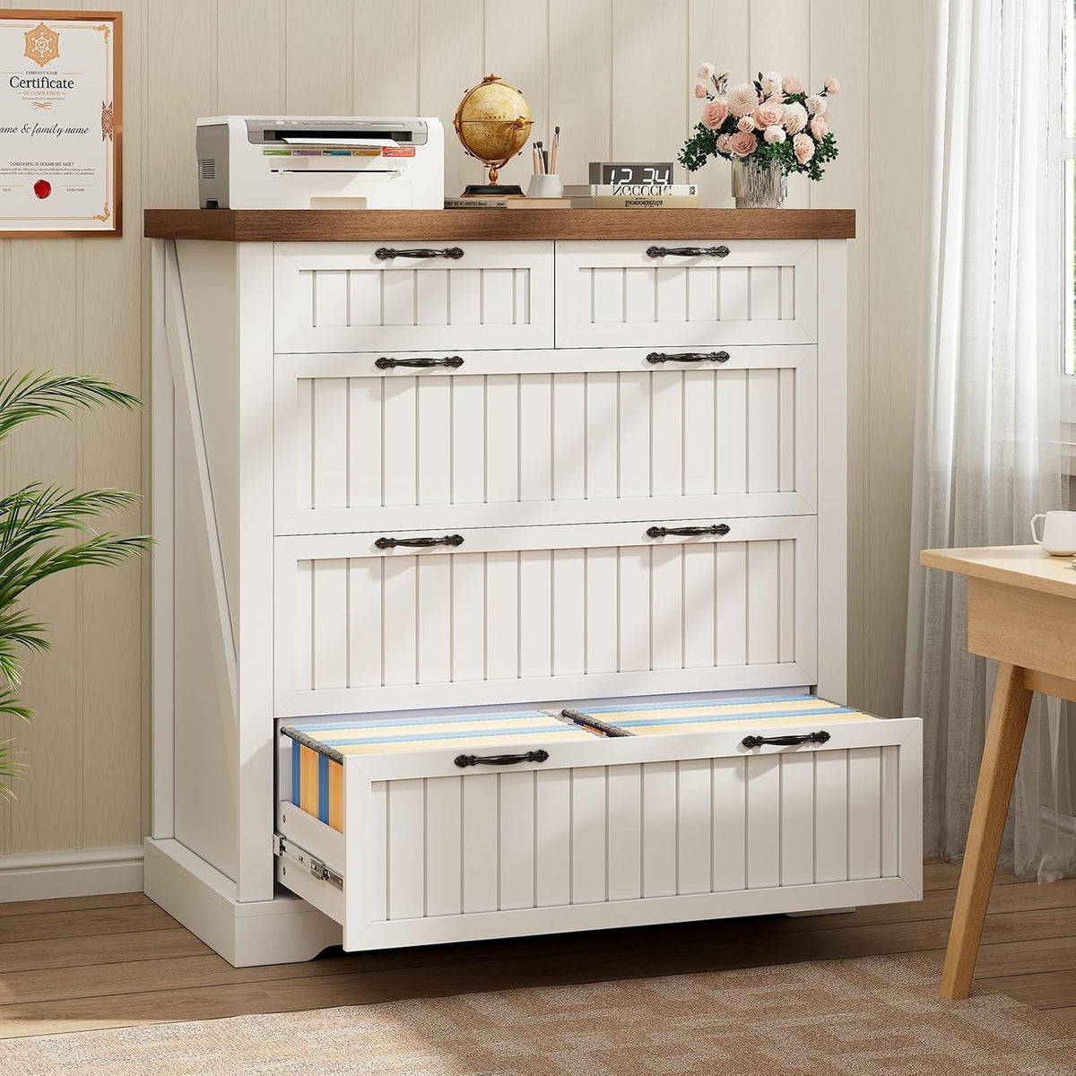 SEDETA Farmhouse File Cabinet with 5 Drawers, Filing Cabinet for Home Office, Wood Office File Cabinets for Letter/Legal/A4 Size, File Cabinets with Printer Stand, White and Brown