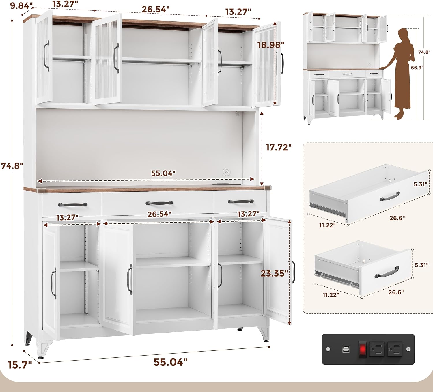 74.8" Tall Metal Pantry Cabinet with Charging Station & LED Light | Kitchen Pantry Storage Cabinet with 6 Adjustable Shelves, Large Cupboard for Kitchen,Dining Room, Living Room, Office