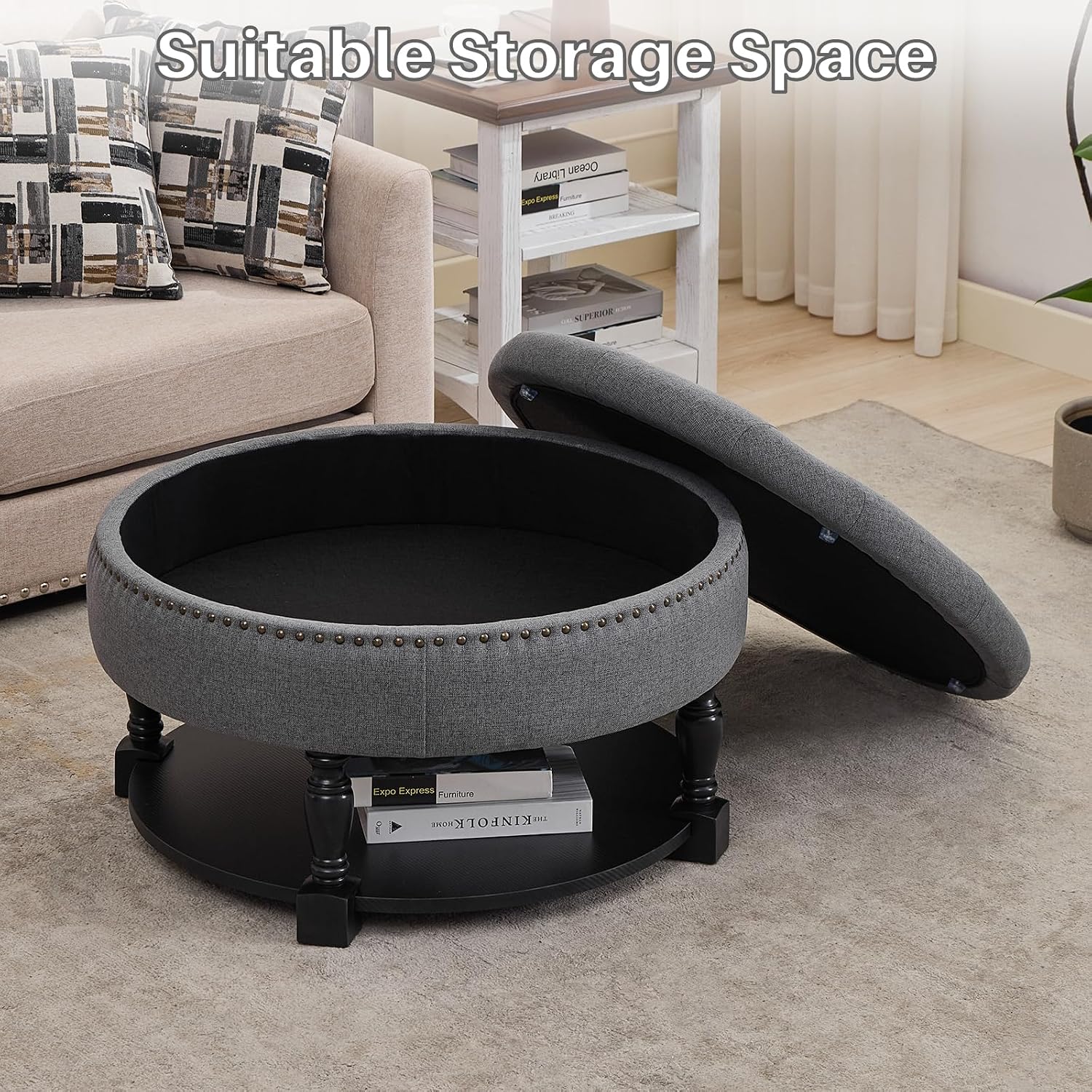 Round Storage Ottoman Coffee Table with Shelf, Fabric Dark Gray | Multi-functional gray tufted fabric ottoman coffee table with hidden storage, bottom shelf & classic nailhead trim