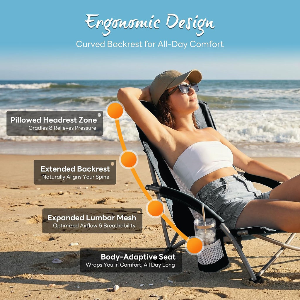 NEWBULIG Folding Camping Beach Chair for Adults, Low Profile Lawn Chair with Cup Holders & Carry Bag, Extra Wide Seat and High Back, Portable for Beach, Outdoors, Travel & Concerts, Black