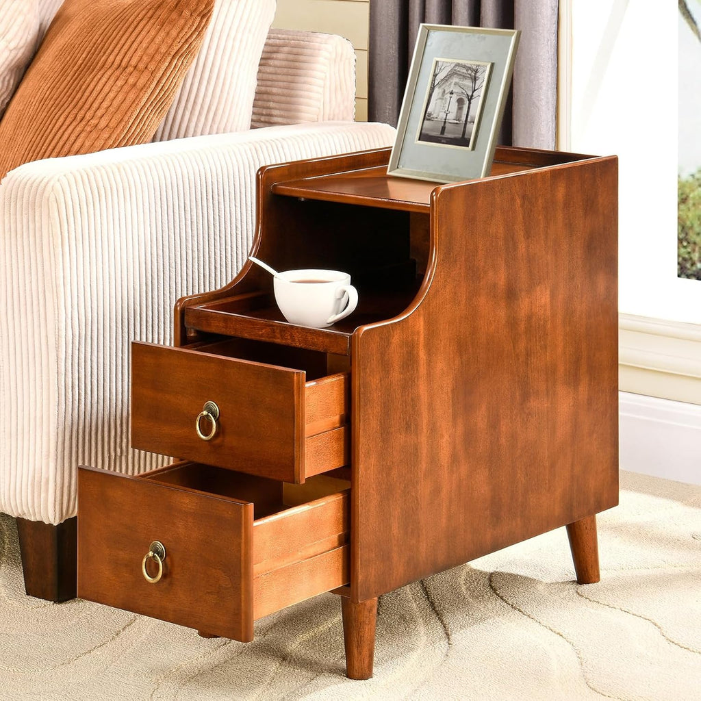Narrow End Side Table with 2 Drawers and Pull-Out Tray, No-Tools Assembly Sofa Beside Table for Living Room, Slim Side Table with Solid Wood Legs, 11.8”W x 21.6”L x 22.9”H Caramel Brown BG-A1359-MG